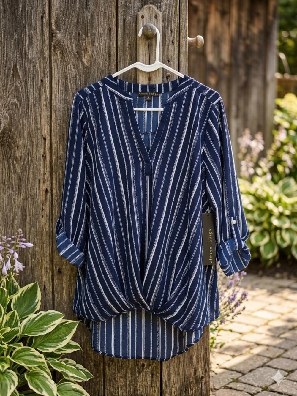 Striped Navy V-Neck Roll-Sleeve Blouse with Twist Hem